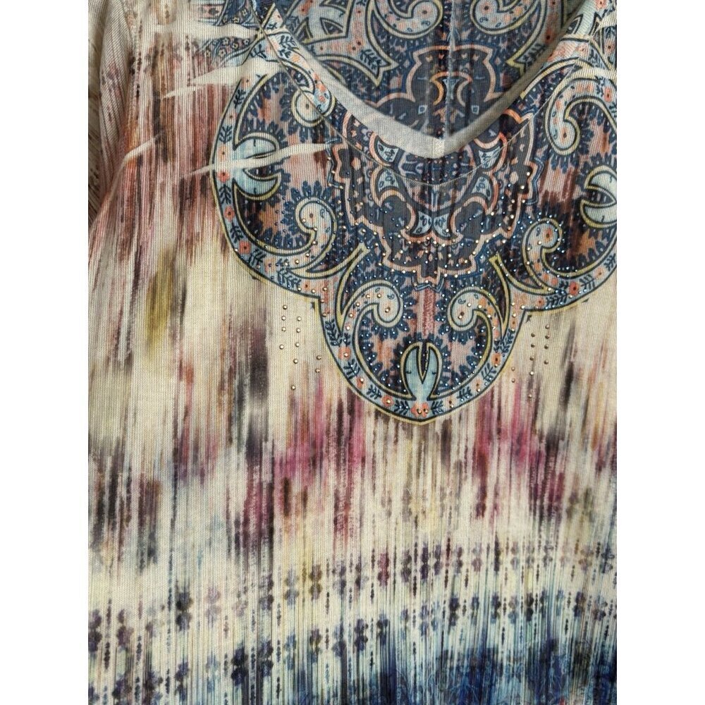 World Unity XL Multi-color Eastern Print Tunic Top Studded Asymmetrical Boho - Picture 3 of 14